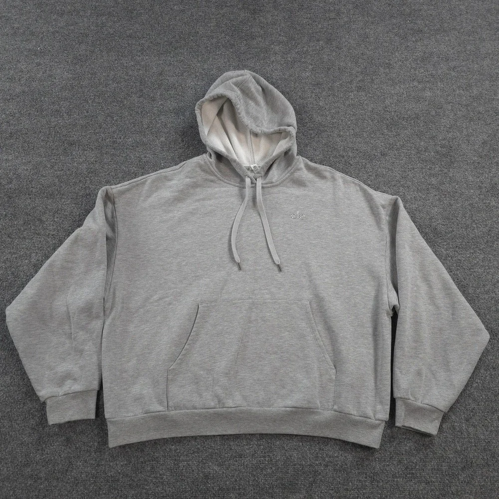 Alo Hoodie Womens XL Gray Accolade Fleece Logo Pullover Kangaroo Pocket Yoga